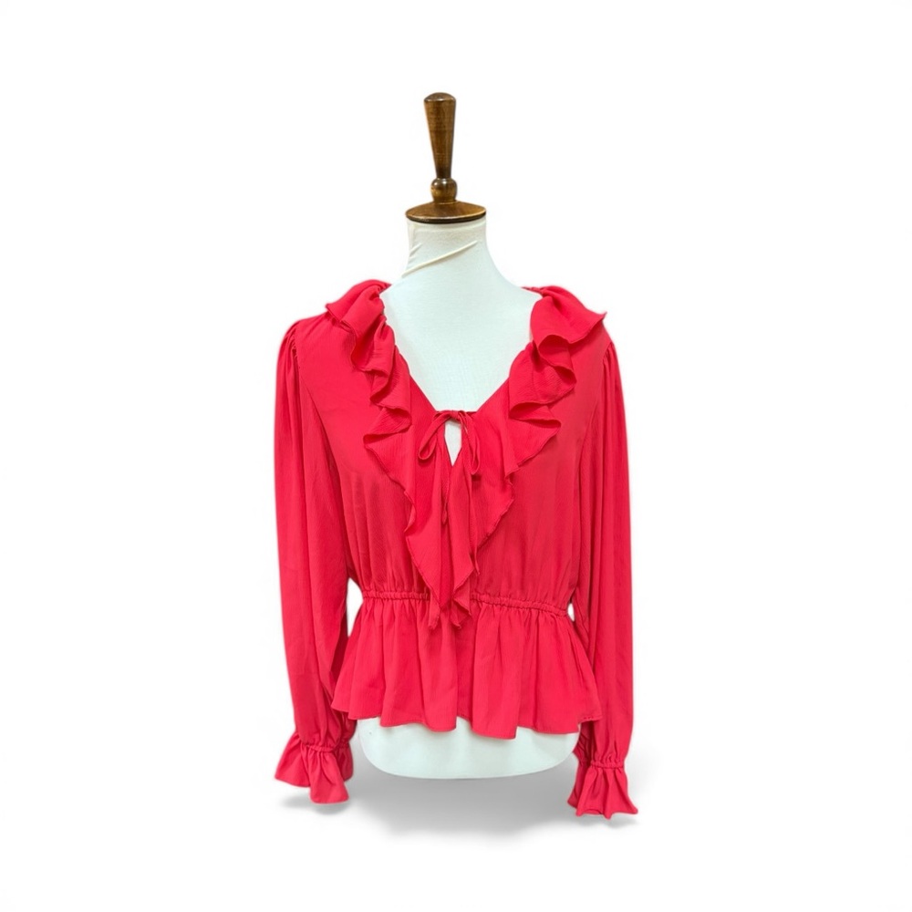 Scoop Long Sleeve Red Ruffle Blouse Size L